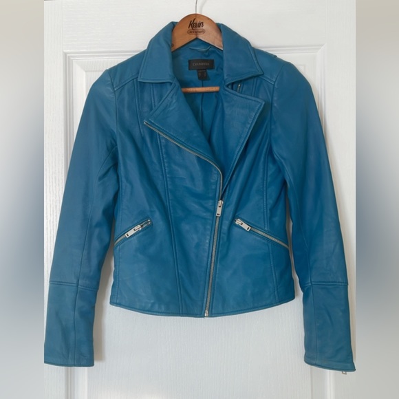 Danier blue asymmetrical zipper genuine leather jacket - Picture 3 of 5